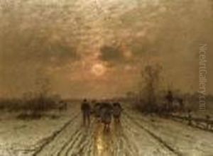 Winterlandschaft Im Abendlicht Mit
Heimkehrenden Bauern. by Johann Jungblutt