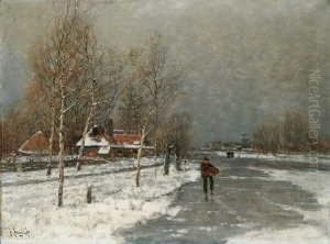 Winterlandschaft Mit Eislaufern. by Johann Jungblutt