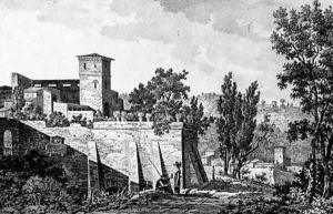 A walled Italian town with figures on a road and hills beyond