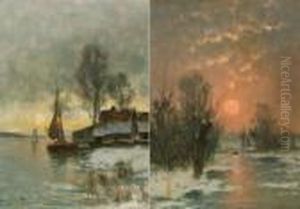 Uferlandschaft Mit Hausern Und Boot Bei Dammerung; Winterlandschaft Bei Sonnenuntergang by Johann Jungblutt
