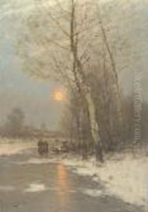 Figures On A Frozen Dutch River by Johann Jungblutt