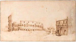 A view of the Colosseum with a triumphal arch by Willem van, the Younger Nieulandt