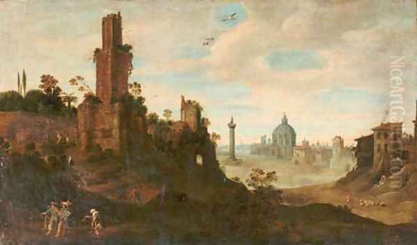 An extensive landscape with elegant figures passing a beggar on a track, ruins nearby and a 'capriccio' view of Rome in the distance - view 1