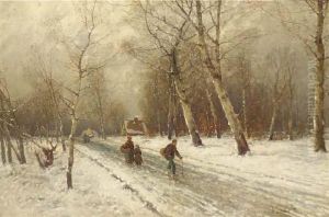 Figures On A Snow Covered Country Road by Johann Jungblutt