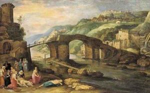 An Italiante landscape with a bridge before a town, Hero and Leander in the foreground