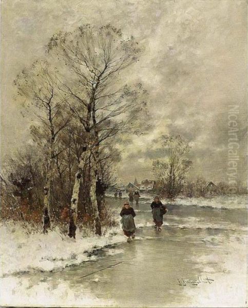 A Winter Landscape With Figures On A Frozen River - view 1