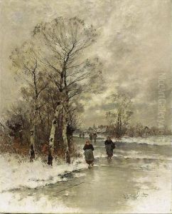 A Winter Landscape With Figures On A Frozen River by Johann Jungblutt