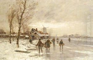 A Winter Landscape With Figures On A Frozen Waterway A Winter Landscape With Figures On A Frozen Waterway