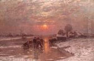 A Winter Landscape At Dusk With Figures Fishing On The Ice by Johann Jungblutt