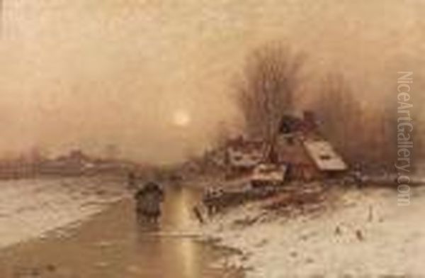 A Winter Landscape With Peasants Walking On The Ice - view 1
