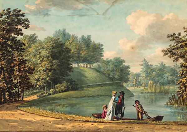 Elegant company entering a rowing boat on the 'Groote Kom' in the gardens of Castle Groeneveld, near Baarn - view 1