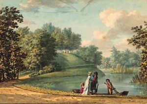Elegant company entering a rowing boat on the 'Groote Kom' in the gardens of Castle Groeneveld, near Baarn by Hermanus Numan