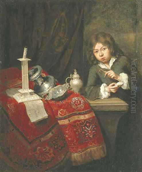 A boy blowing bubbles by a partially draped ledge by Caspar Netscher