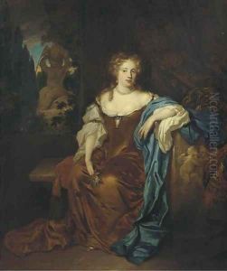 Portrait of a lady, full-length, in an ochre silk dress, seated on a terrace before a curtain, a fountain in a garden beyond by Caspar Netscher