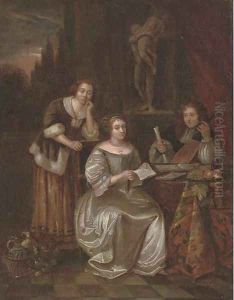 Elegant company making music in an interior by Caspar Netscher
