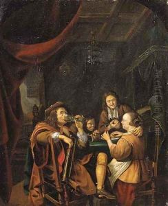 Officers drinking at table in a brothel by Caspar Netscher
