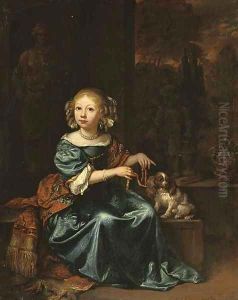 Portrait of a girl in a blue dress and red shawl by Caspar Netscher