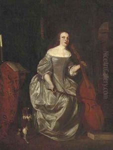 A lady playing a cello in an interior with a dog at her side by Caspar Netscher
