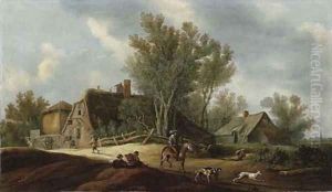 A wooded landscape with a huntsman setting