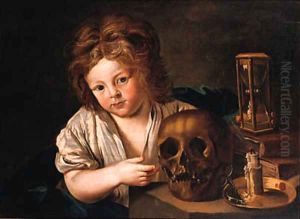 A Vanitas a boy seated at a table with a skull