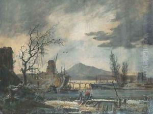A harbour seen in winter, under a stormy sky