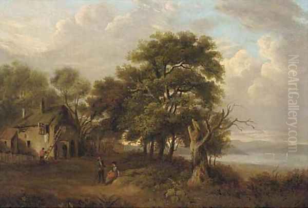 Figures before a cottage in a loch landscape - view 1