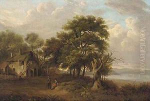 Figures before a cottage in a loch landscape by Barbara Nasmyth