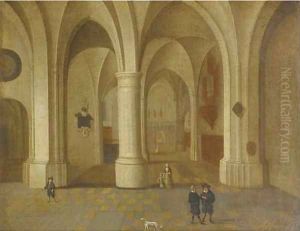 A church interior with elegant figure in the foreground by Pieter the Elder Neefs