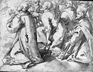 Kneeling saints looking up to the left