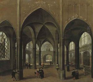The interior of a church with elegant figures by Pieter the Younger Neefs