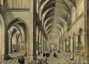 The interior of a Gothic Cathedral with elegant company and other figures by Pieter the Younger Neefs