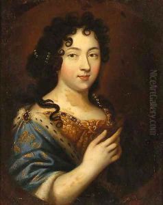 Portrait of a lady, bust-length, in a red and gold dress by Casper Netscher