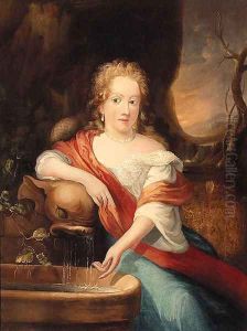 Portrait Of A Lady, Seated Small Three-Quarter-Length, By A Fountain