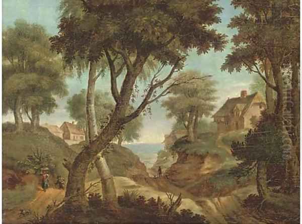 An extensive wooded landscape with travellers on tracks - view 1