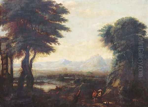 An extensive river landscape with travellers and their flock on a path 2 - view 1