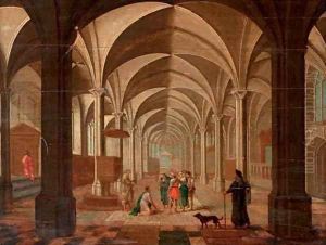 The transept of a gothic church with Christ and the Woman taken in Adultery