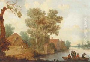 A ferry on a river with travellers on a horse drawn wagon, approaching a hamlet, in summer
