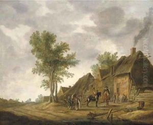 Travellers halting by a village inn
