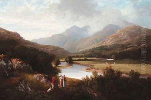 A mountainous wooded River Landscape, with figures in the foreground by Charlotte Nasmyth