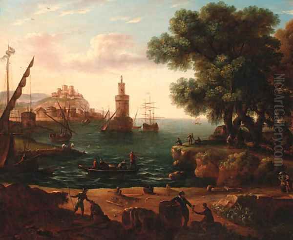 A coastal inlet with moored shipping and stevedores on a bank - view 1