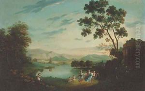Figures dancing by a temple in an arcadian landscape