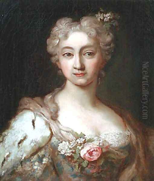 Portrait of an elegant lady, bust-length, in a dress set with lace and flowers with an ermine wrap and flowers in her hair - view 1