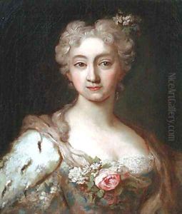 Portrait of an elegant lady, bust-length, in a dress set with lace and flowers with an ermine wrap and flowers in her hair