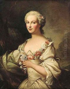 Portrait of a lady, half-length, in a red and gold dress with lace, holding roses in her hands