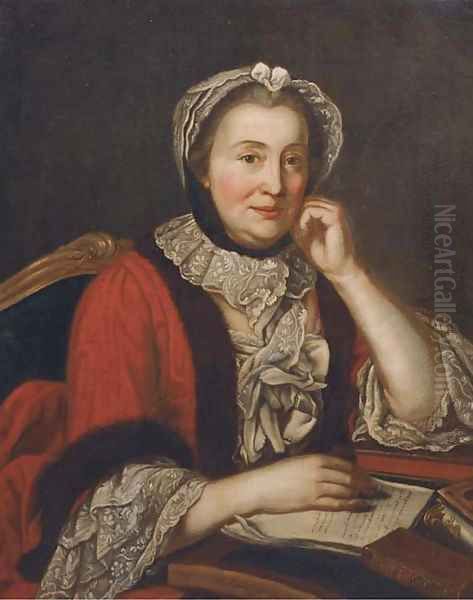 Portrait of a lady, half-length, in a red fur-lined coat and with lace headdress, seated at a secretaire - view 1