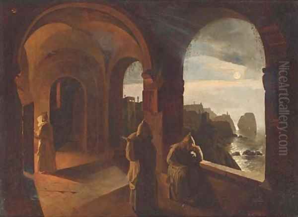 Monks in a Capucine monastery by moonlight - view 1