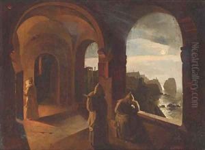 Monks in a Capucine monastery by moonlight