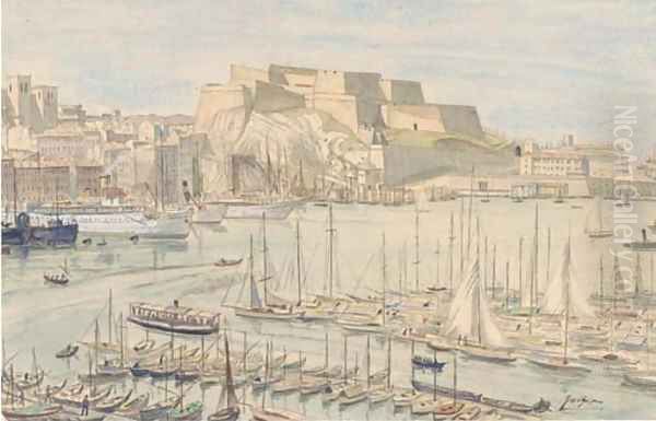 Steam yachts and other shipping in a continental harbour - view 1