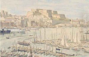 Steam yachts and other shipping in a continental harbour
