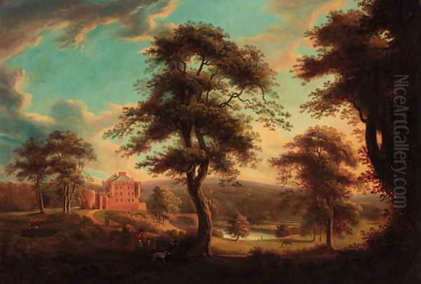 Huntsmen resting before a fortified house in a wooded river landscape - view 1